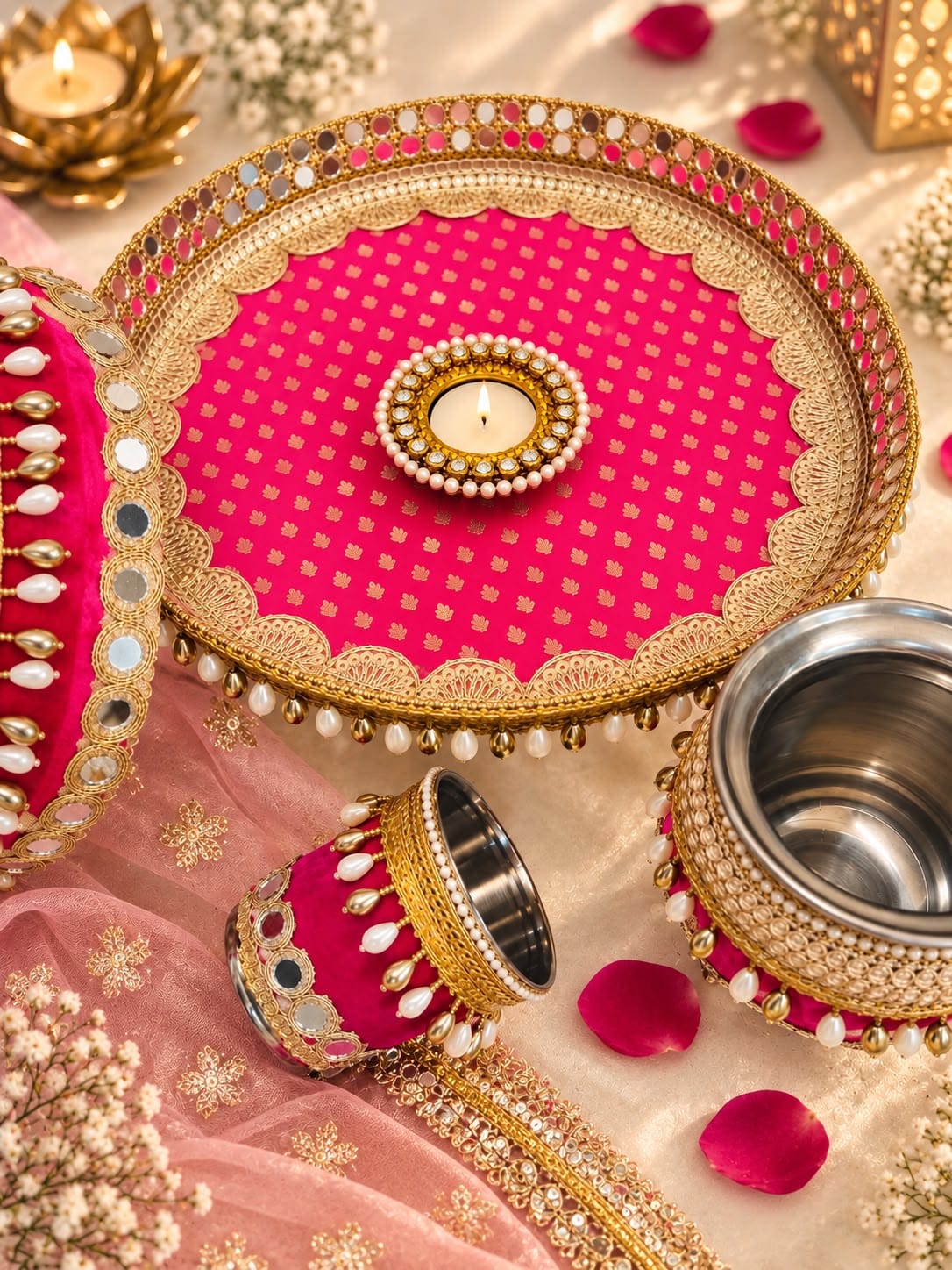 Colorful Stainless Steel Karwa Chauth Pooja Thali Set of 6, color : pink