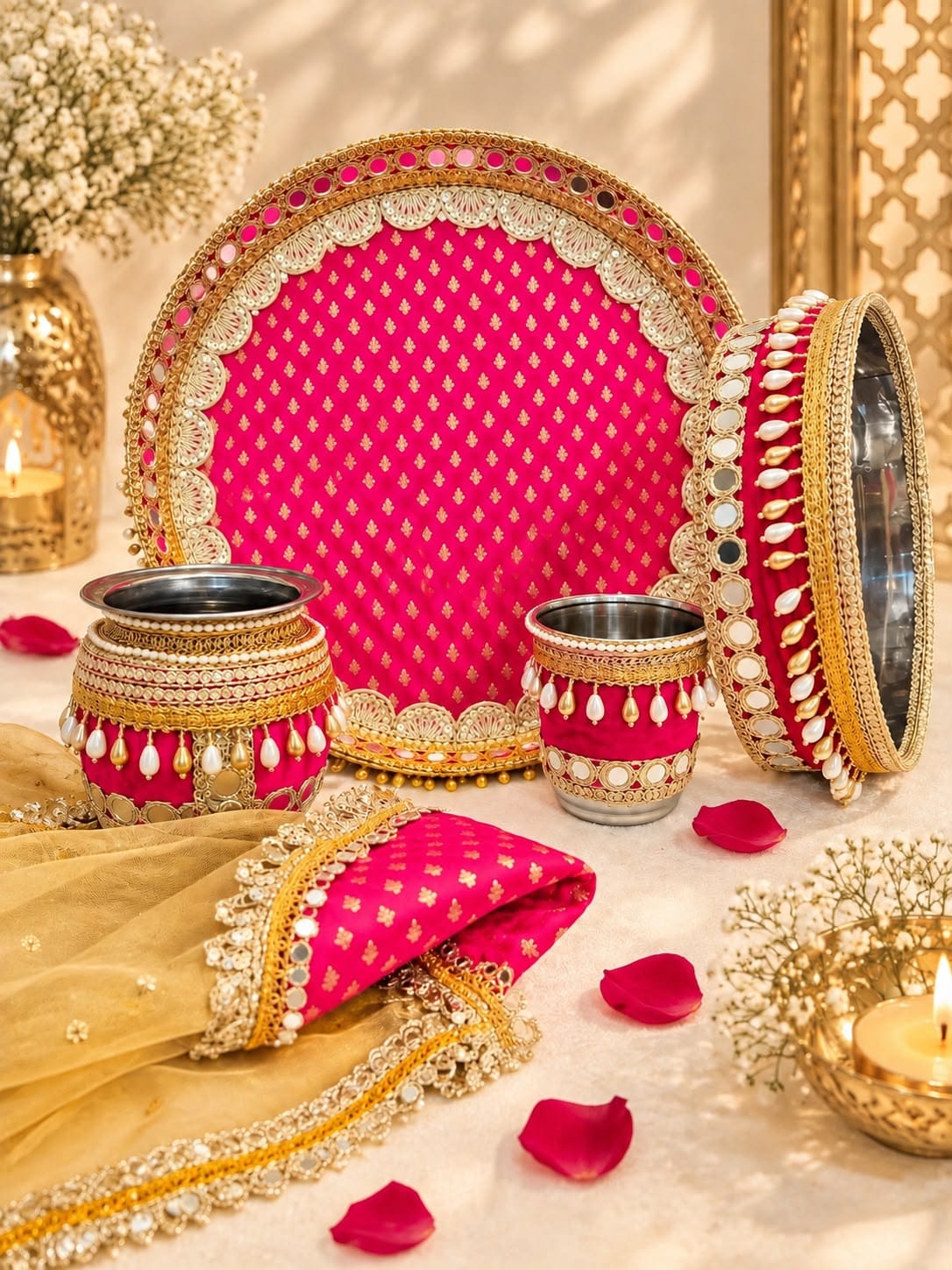 Colorful Stainless Steel Karwa Chauth Pooja Thali Set of 6, color : pink