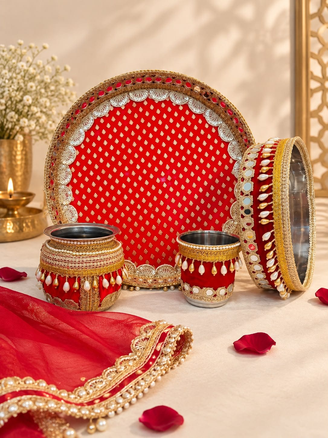 Colorful Stainless Steel Karwa Chauth Pooja Thali Set of 6, color : red