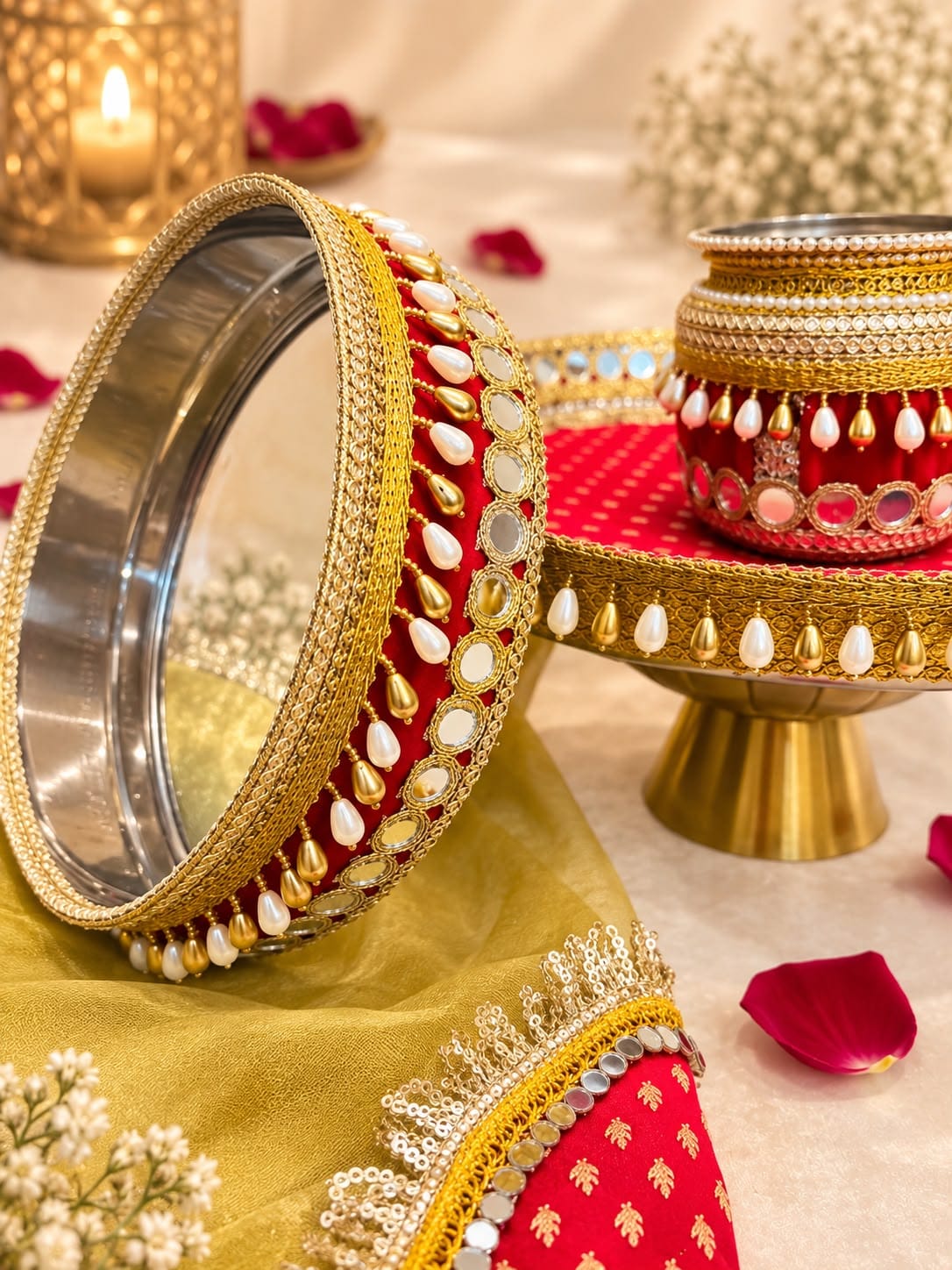 Colorful Stainless Steel Karwa Chauth Pooja Thali Set of 6, color : red