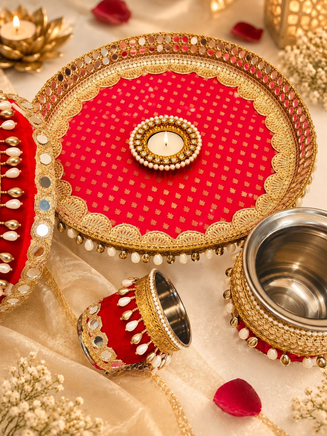 Colorful Stainless Steel Karwa Chauth Pooja Thali Set of 6, color : red