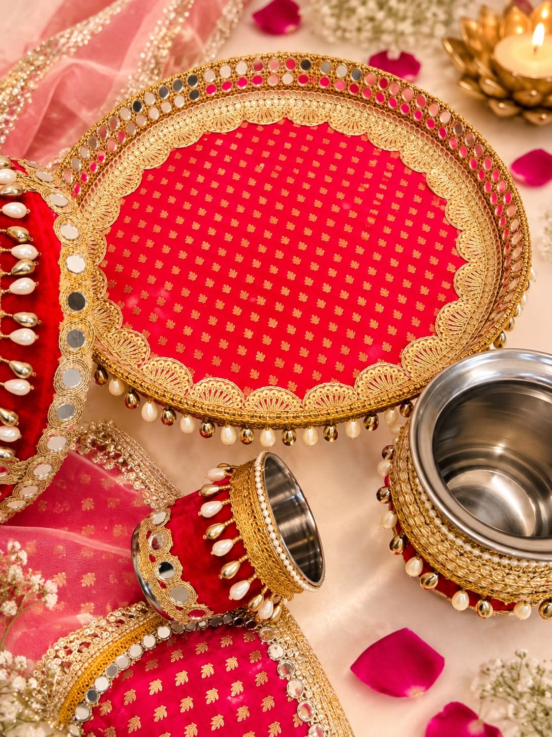 Colorful Stainless Steel Karwa Chauth Pooja Thali Set of 6, color : red
