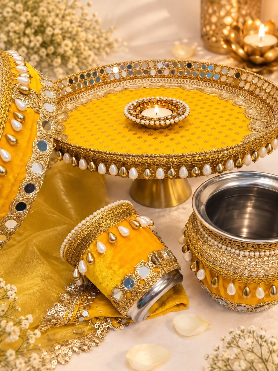 Trending viral designer Karwa Chauth pooja thali set featuring a decorated 12-inch stainless steel thali, matching lota, glass, decorative channi, diya, and cover for Karwa Chauth festive rituals.