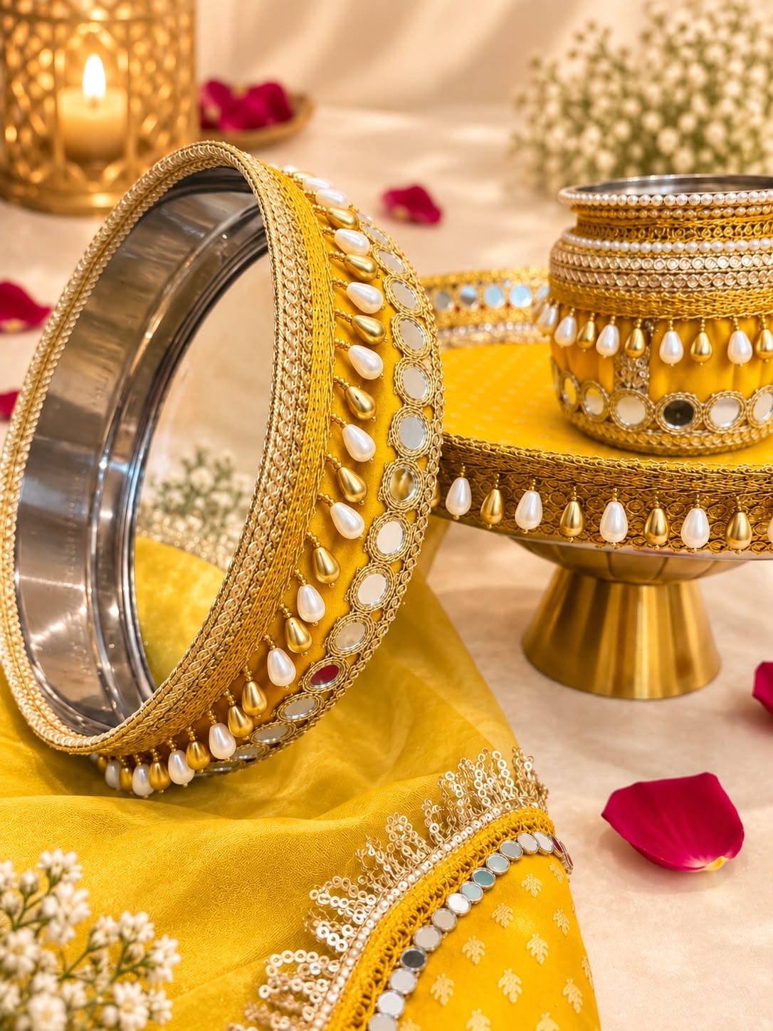 Trending viral designer Karwa Chauth pooja thali set featuring a decorated 12-inch stainless steel thali, matching lota, glass, decorative channi, diya, and cover for Karwa Chauth festive rituals.