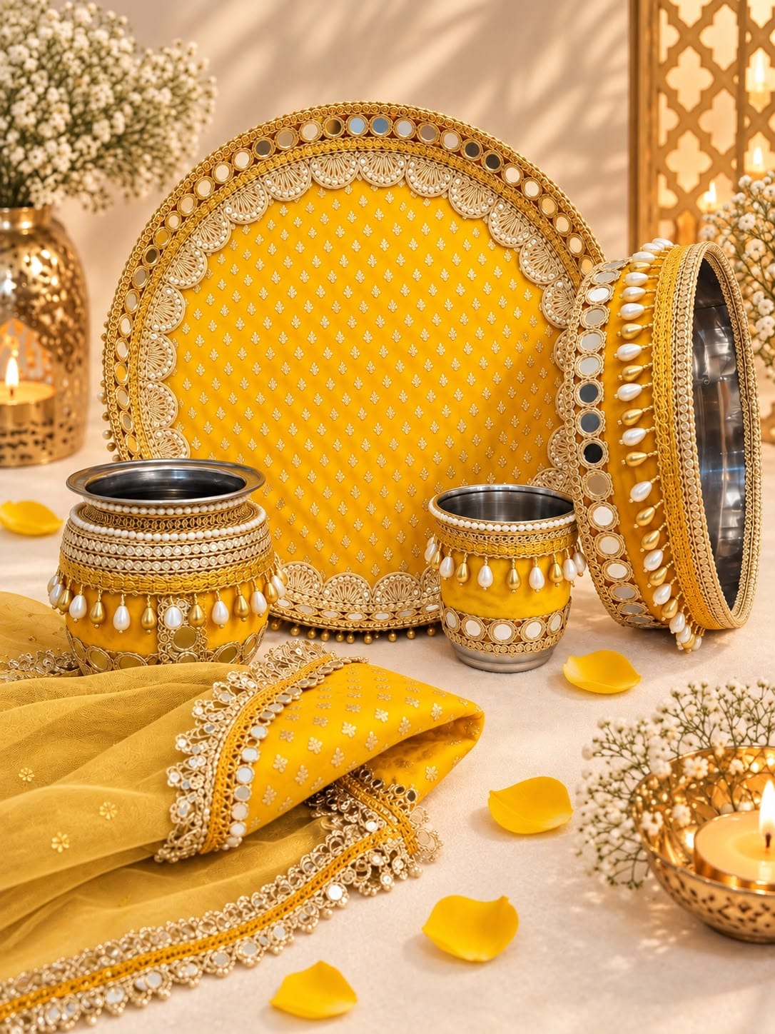 Trending viral designer Karwa Chauth pooja thali set featuring a decorated 12-inch stainless steel thali, matching lota, glass, decorative channi, diya, and cover for Karwa Chauth festive rituals.