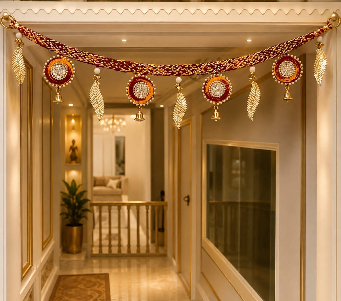 42-inch red moli kalawa thread door toran decorated with metal leaf accents and bells for Diwali and housewarming entrance decor.