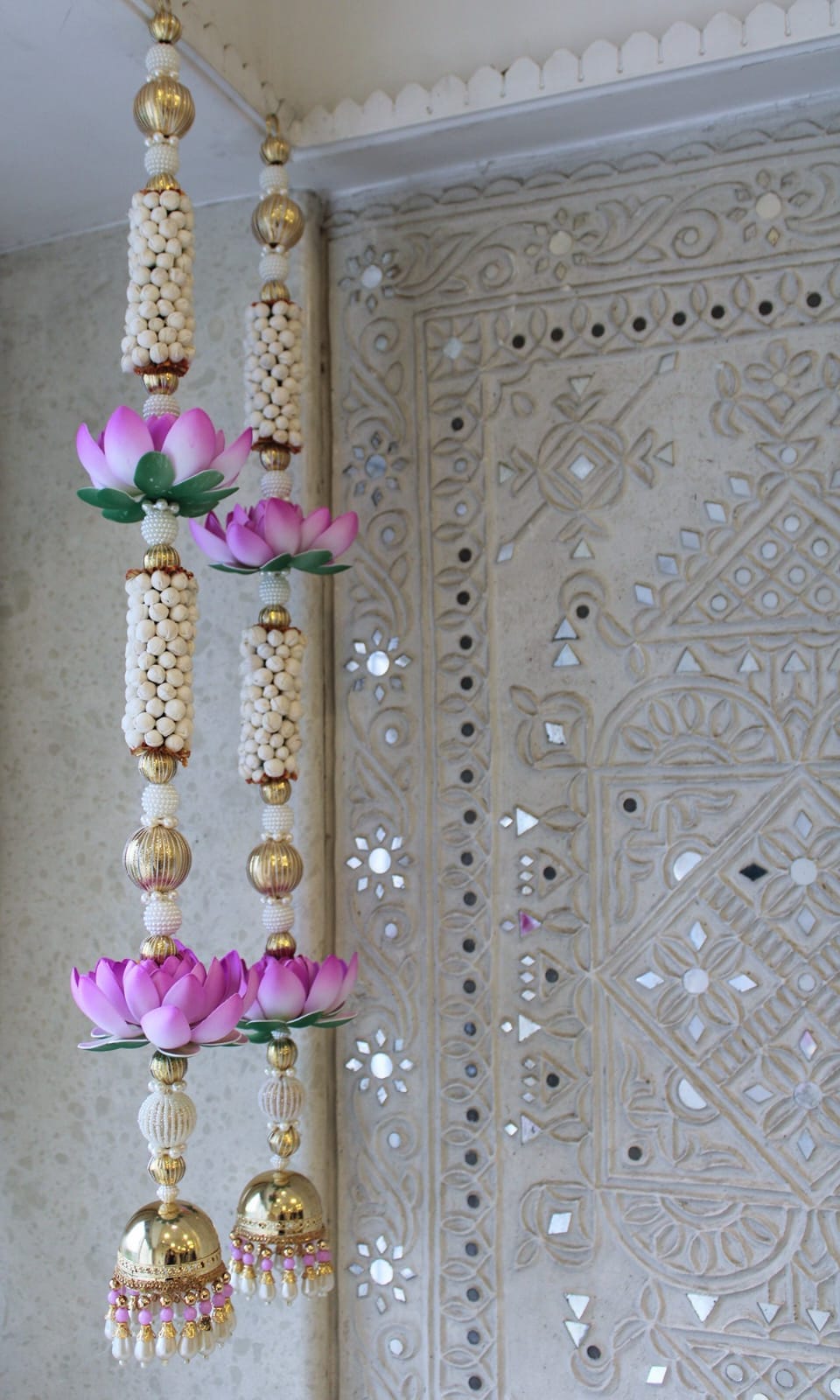 34-inch purple lotus side wall hangings set of 2 made with beads and artificial flowers for door, Diwali, and housewarming decor.
