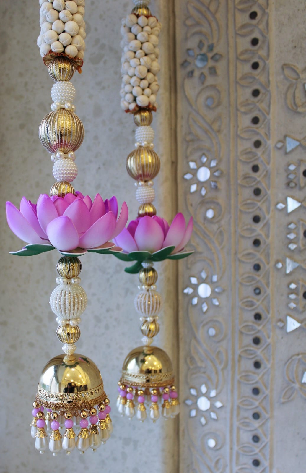 34-inch purple lotus side wall hangings set of 2 made with beads and artificial flowers for door, Diwali, and housewarming decor.