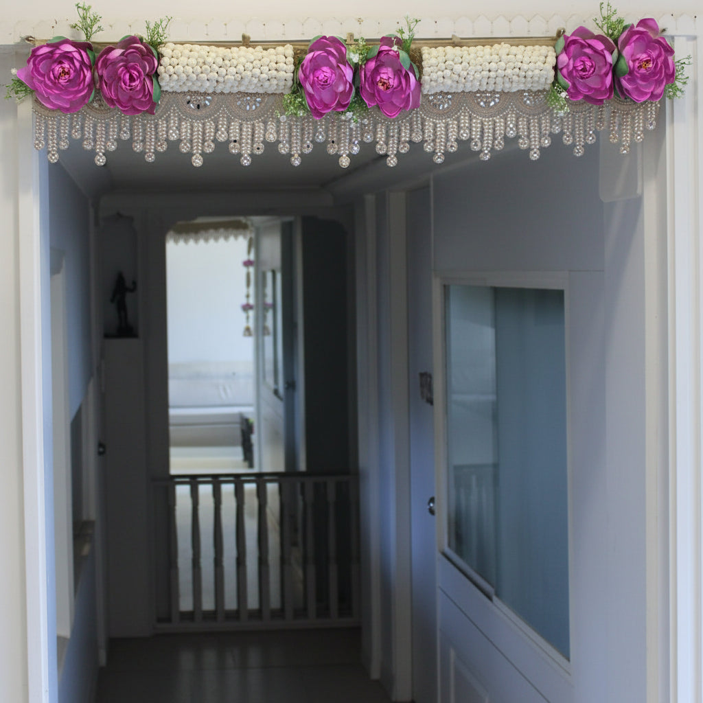 39-inch purple lotus main door toran set with two 39-inch side wall hangings made with beads and artificial flowers for Diwali and housewarming decor.