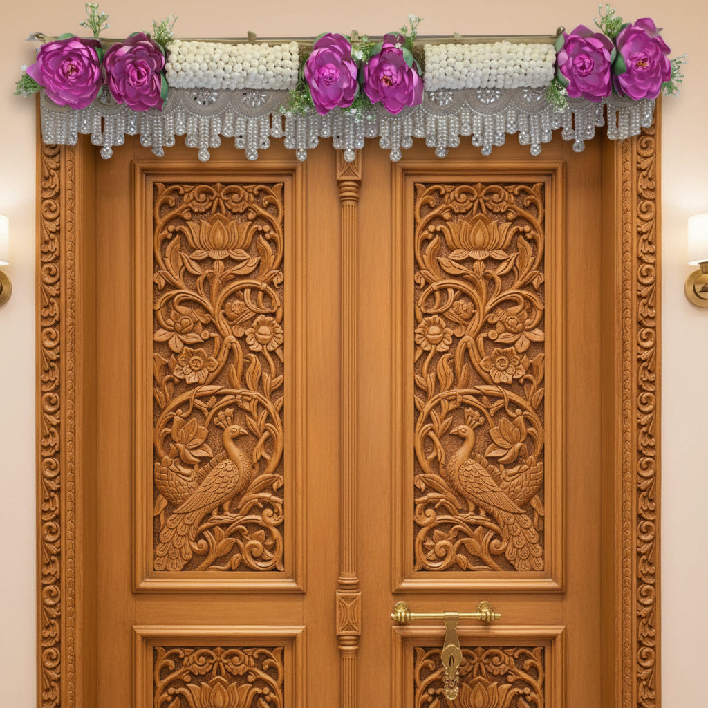 39-inch purple lotus main door toran set with two 39-inch side wall hangings made with beads and artificial flowers for Diwali and housewarming decor.