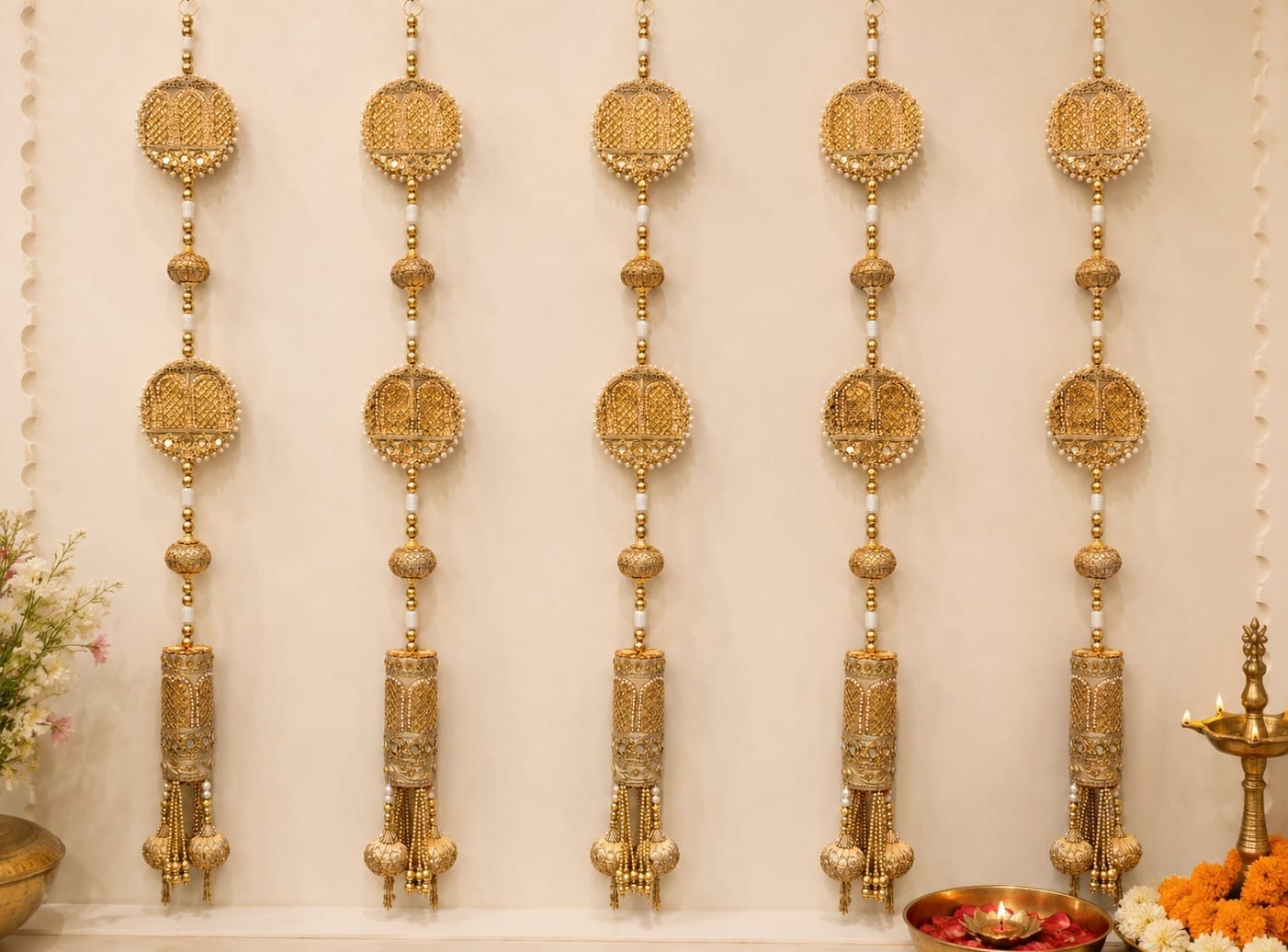 Golden Mahal Series Royal Toran with 2 wall hangings, Elegant Diwali Home Door Decor