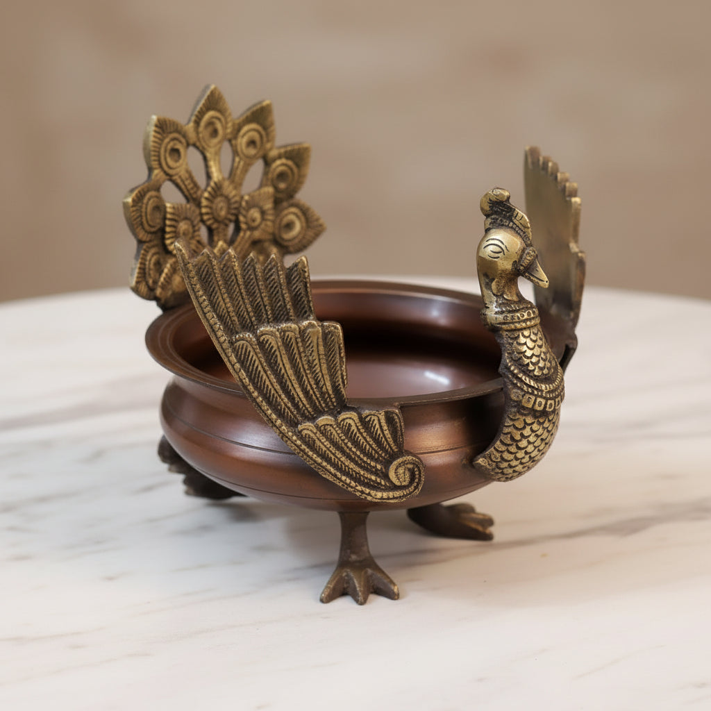 Brass Peacock Urli Bowl – Brown Finish Decorative Urli for Home Décor, Pooja & Gifting