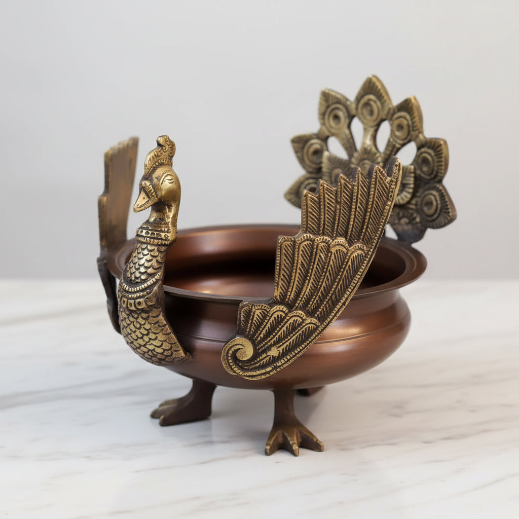 Brass Peacock Urli Bowl – Brown Finish Decorative Urli for Home Décor, Pooja & Gifting