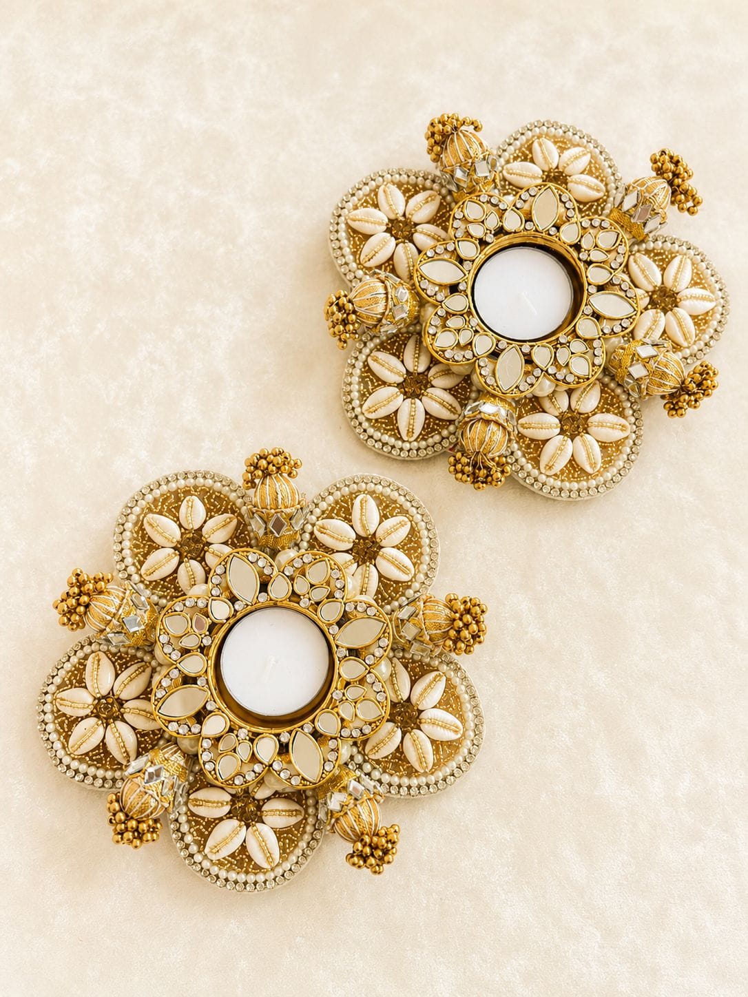 Set of 2 Pearl Kaudi Tea Light Candle Holders, Diwali Home Decor