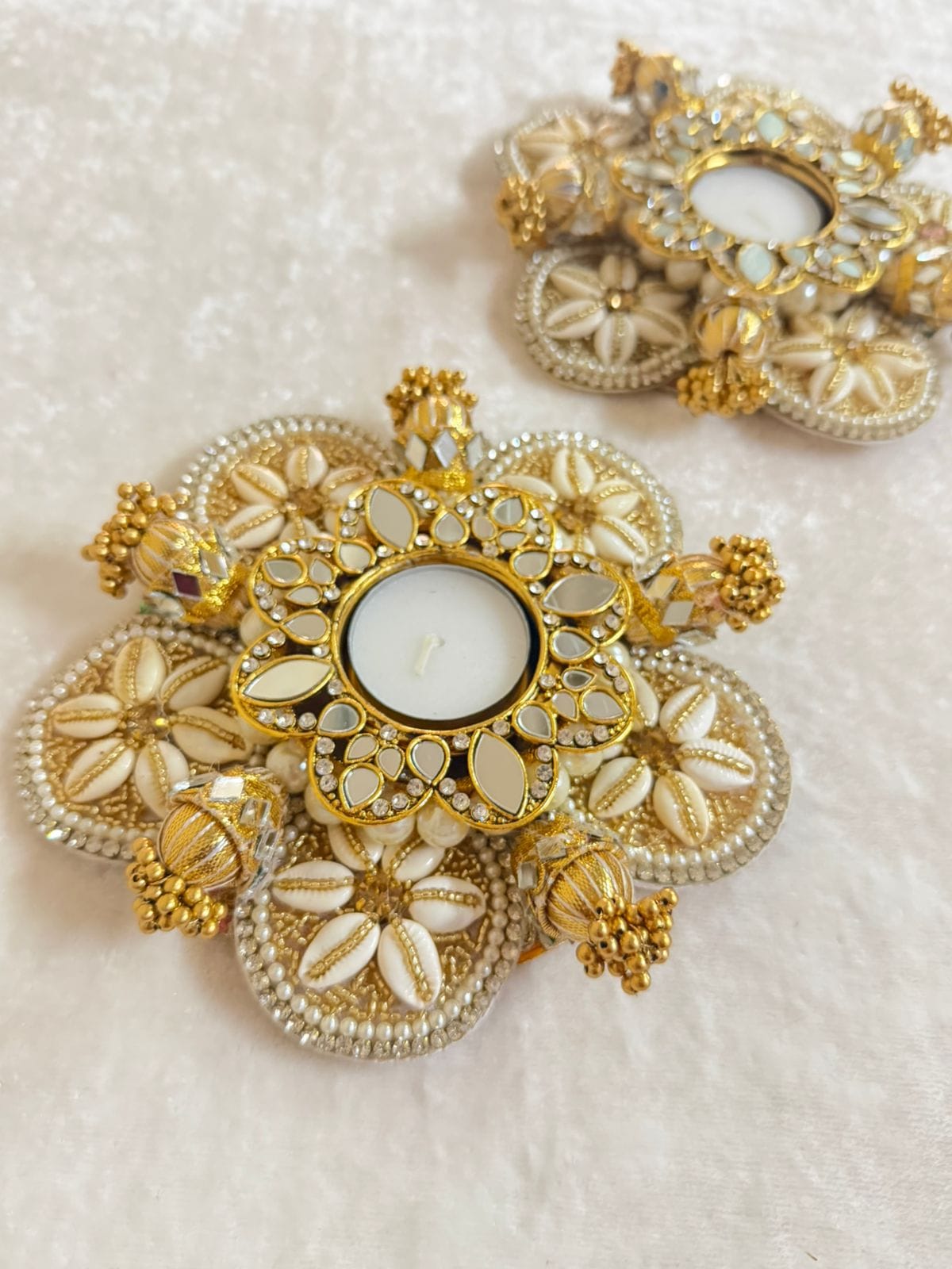 Set of 2 Pearl Kaudi Tea Light Candle Holders, Diwali Home Decor