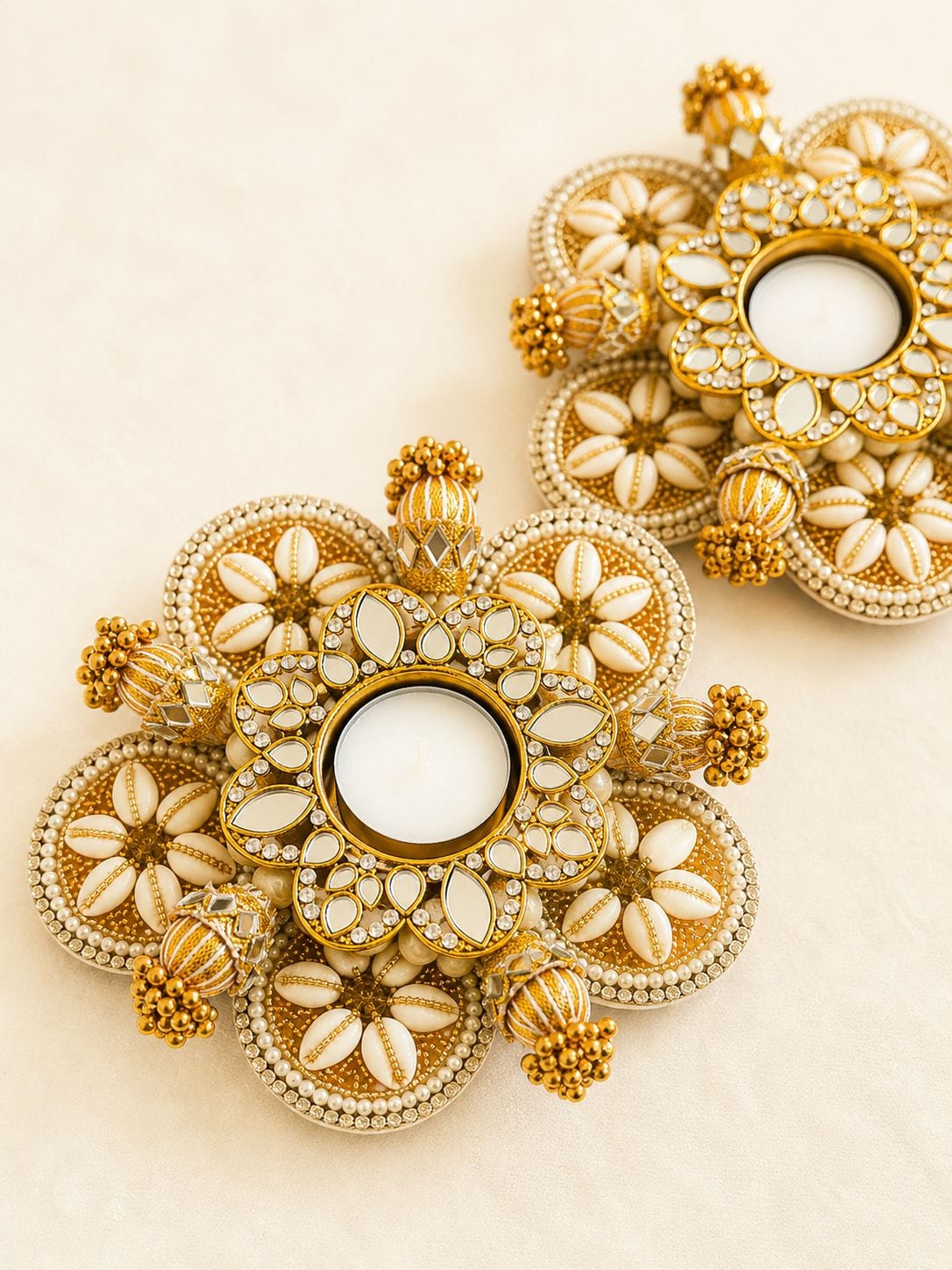 Set of 2 Pearl Kaudi Tea Light Candle Holders, Diwali Home Decor