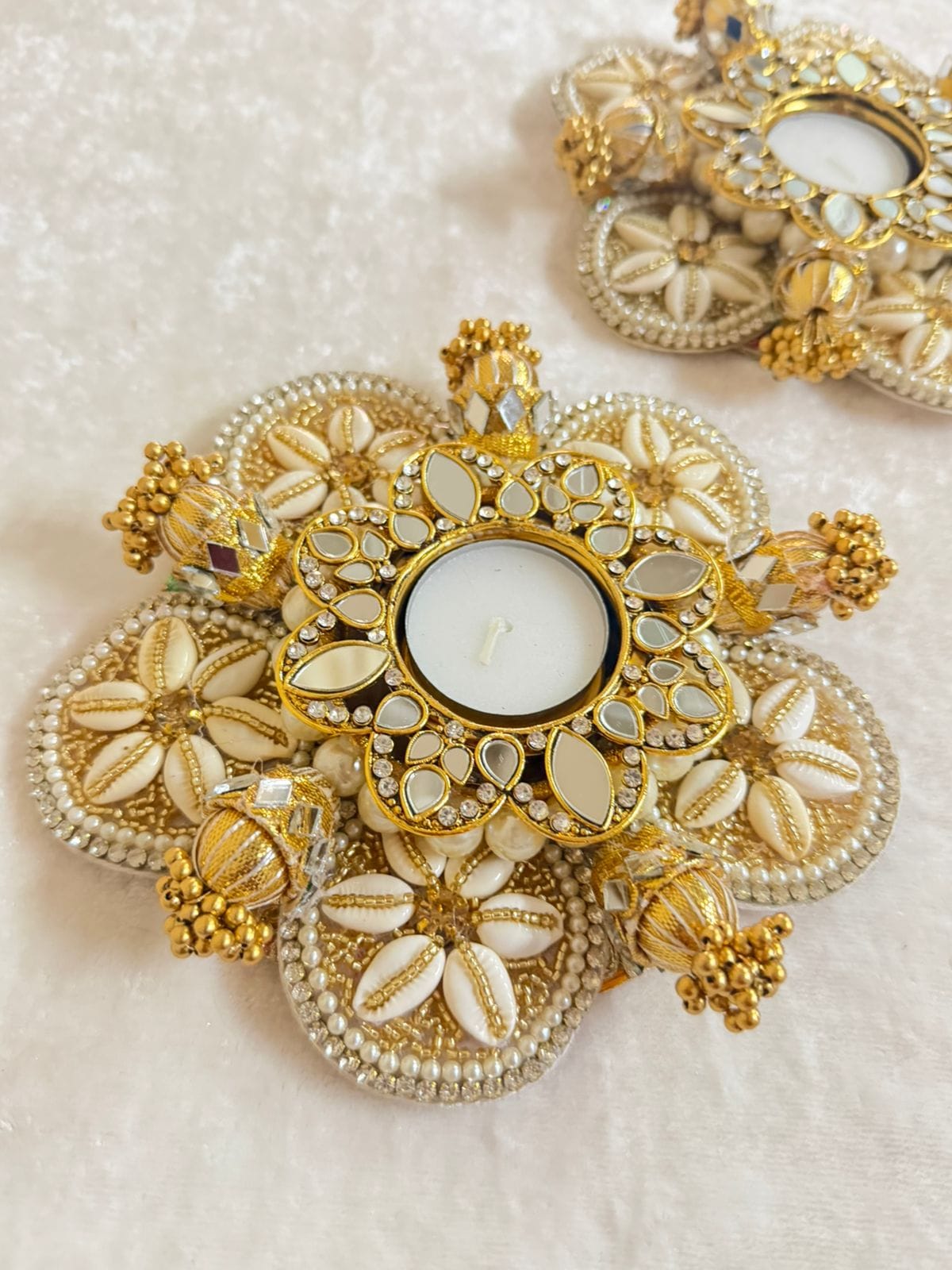 Set of 2 Pearl Kaudi Tea Light Candle Holders, Diwali Home Decor