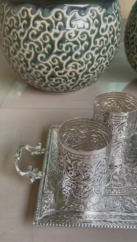 German Silver Tray with Handle and 4 Glass Set