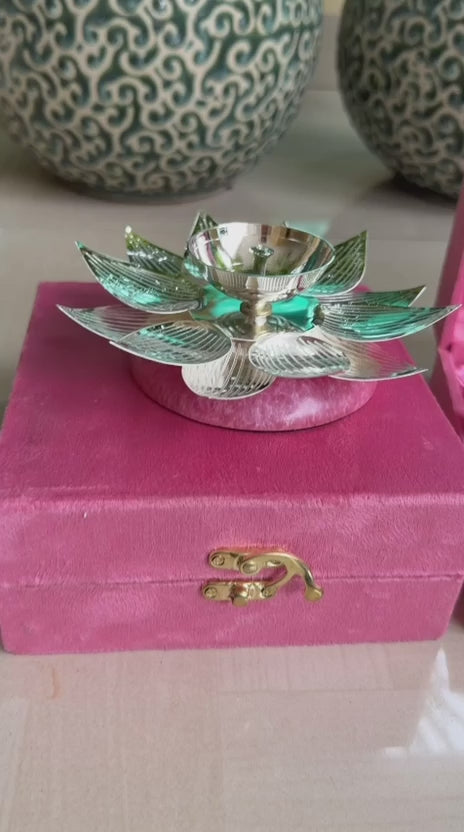 German Silver Lotus Diya Set – Pink Resin Base with Velvet Box (2 Pairs)