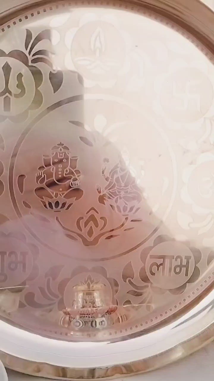 German silver Laxmi Ganesh engraved Pooja Set with Laxmi charan for Diwali/housewarming