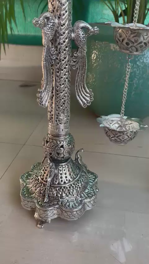 German Silver shiny Parrot Samayees 5 deepaks with hanging deepams