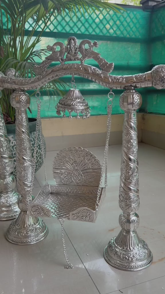 German Silver Ganesh & Peacock Jhula – medium Size Laddu Gopal/ god idols Swing
