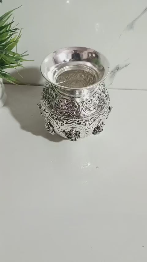 German Silver Antique Finish Ashta Lakshmi Kalash – 5" Pooja Pot for Diwali & Varalakshmi Vratham