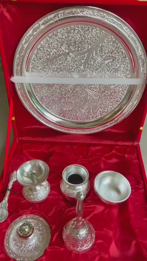 German Silver Pooja thali Set with Velvet Gift Box