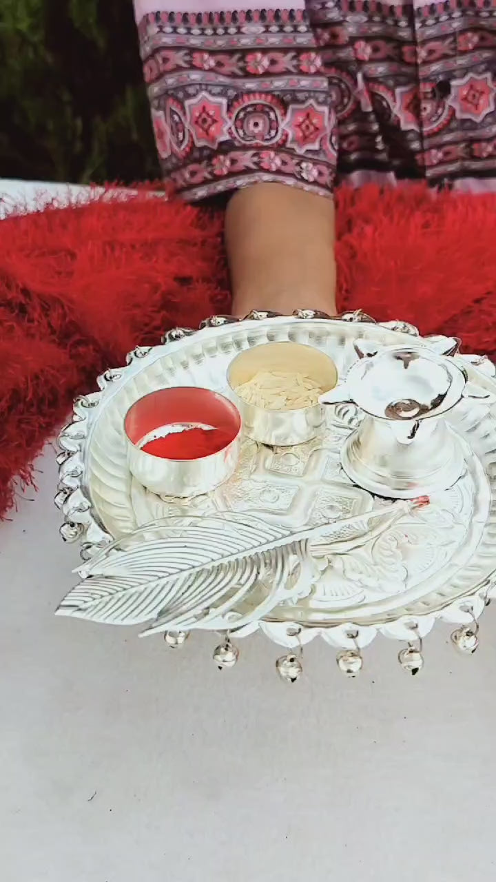 German silver small Ghungaru aarti thali set with tika stick for diwali