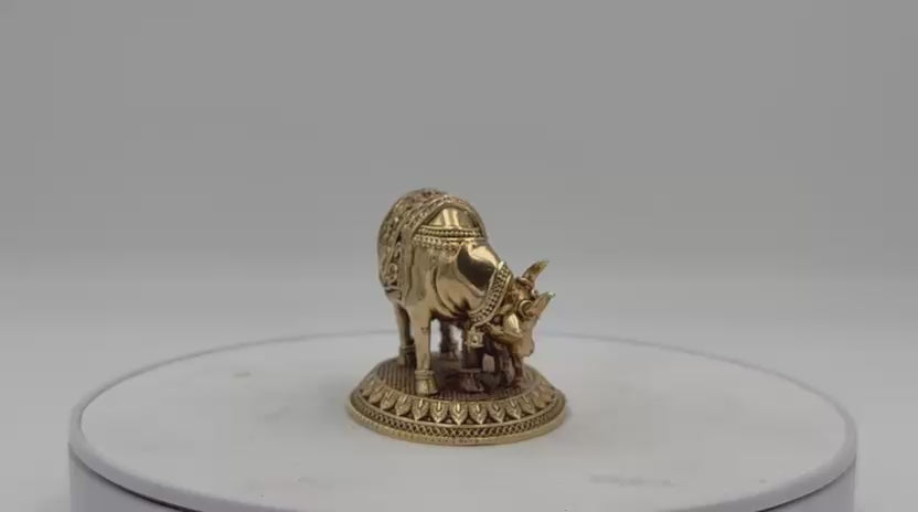 Brass Small Cow and Calf Statue – Sacred Kamdhenu Idol for Temple & Home Décor