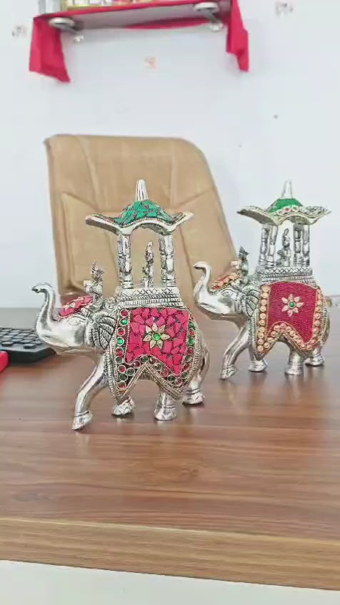 german silver set of 3 Ambari elephant set with stone work for home décor/ gift item