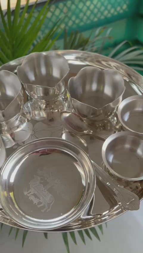 German silver dinner thali set with flower bowls for gift/home