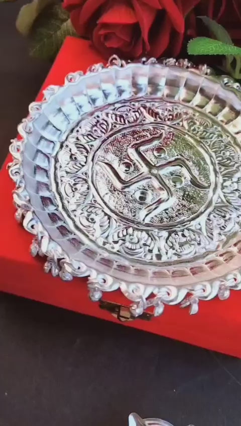 German Silver ghungru Pooja Set with Tilak Stick & Velvet Box Pack