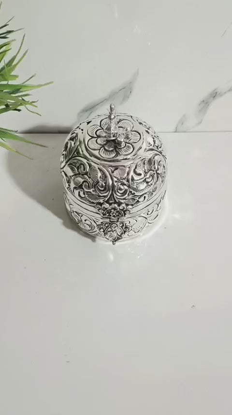 German Silver Round Dabbi with Peacock – Set of 2 Gift & Pooja Essentials