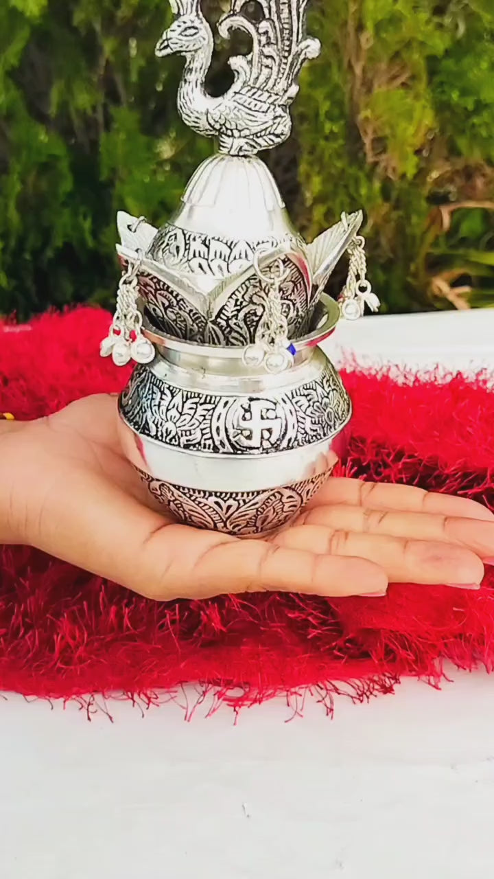 german silver peacock antique finish kalash for housewarming pooja/ kalash/ gift item