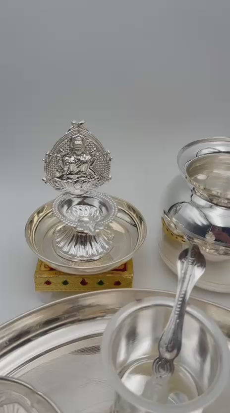 German Silver Pooja Thali tray Set – 17 Pieces – Varalakshmi Festival / Diwali Puja Essentials