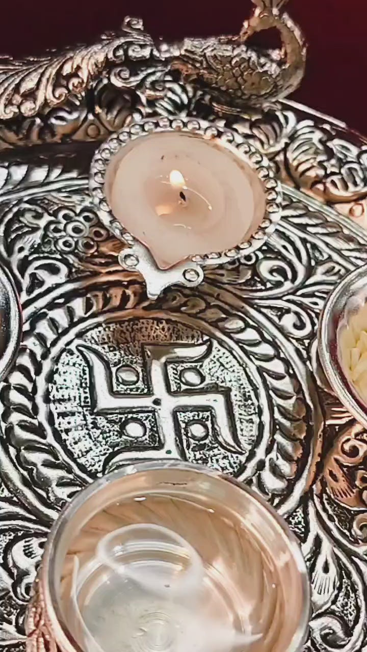 German silver peacock design Ghungaru Aarti thali set of 4 pieces