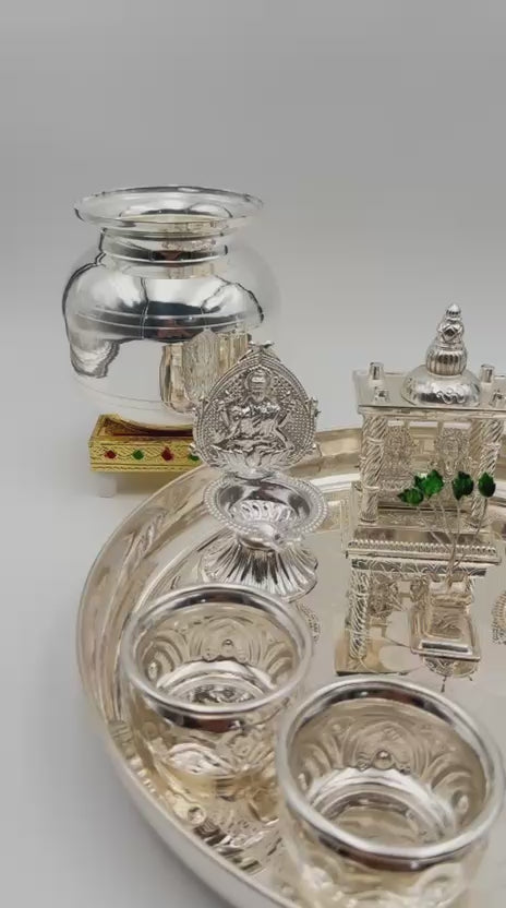 German Silver Pooja Thali Set – 14 Pieces – Varalakshmi Festival / Diwali Puja Essentials