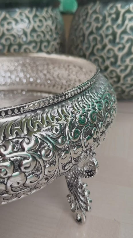 Antique German Silver Peacock Urli Bowl – Intricately Carved Festive Décor, 12.5"