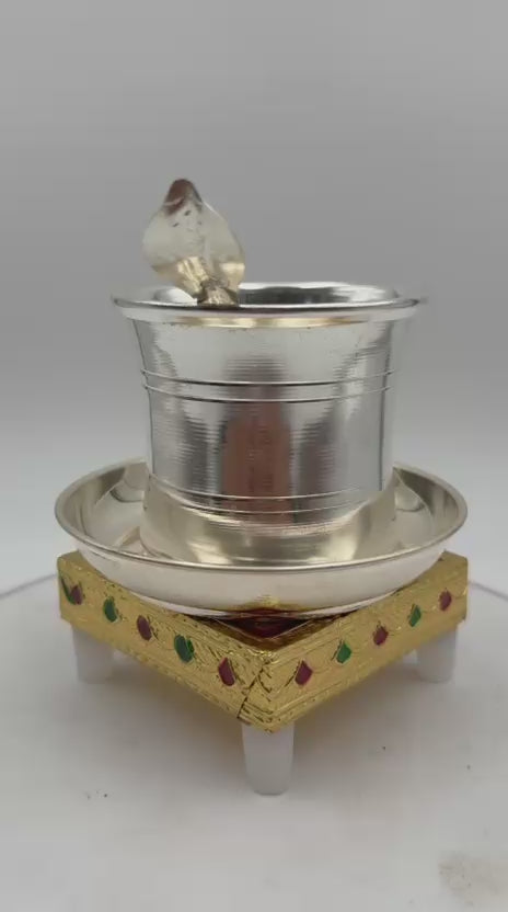 German Silver Panchpatra Set with Golden Chowki – Varalakshmi Pooja Essentials