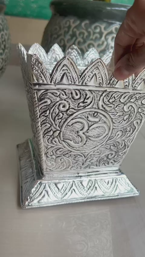 German Silver Fully Carved Tulsi Pot – Antique Finish Sacred Pooja Décor, 1 piece