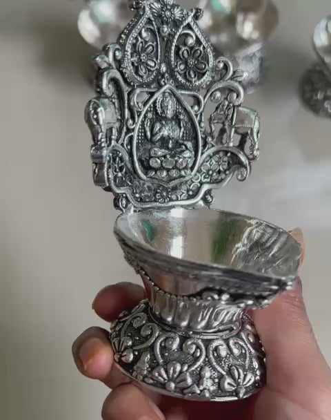 german silver antique finish lakshmi diya pair set for diwali/ housewarming