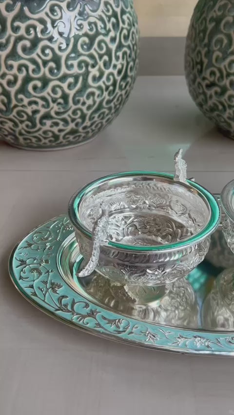 German Silver Oval Tray with 2 Peacock Bowls