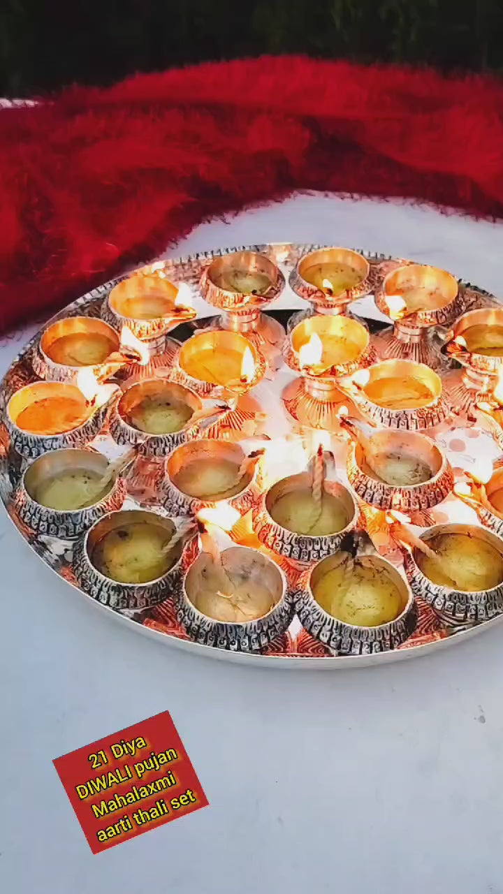 German Silver 21 Diya Diwali Puja MAHALAKSHMI aarti thali Set