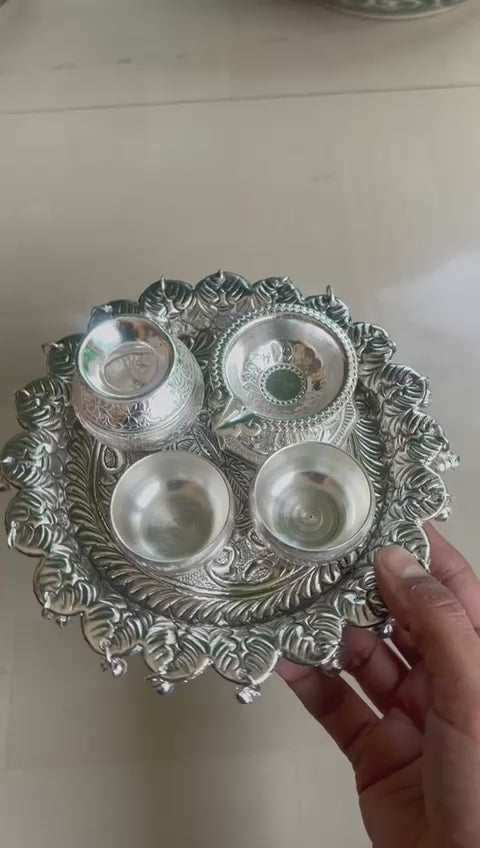 German Silver Intricate Pooja thali with ghunghroo Setting