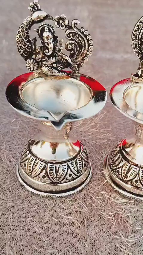 german silver  laxmi ganesh diya pair with pure silver antique finish for diwali/ housewarming