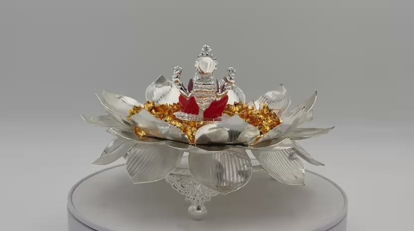 German Silver Lotus with 108 Golden Flowers & Lakshmi Idol – Auspicious Housewarming Pooja Décor