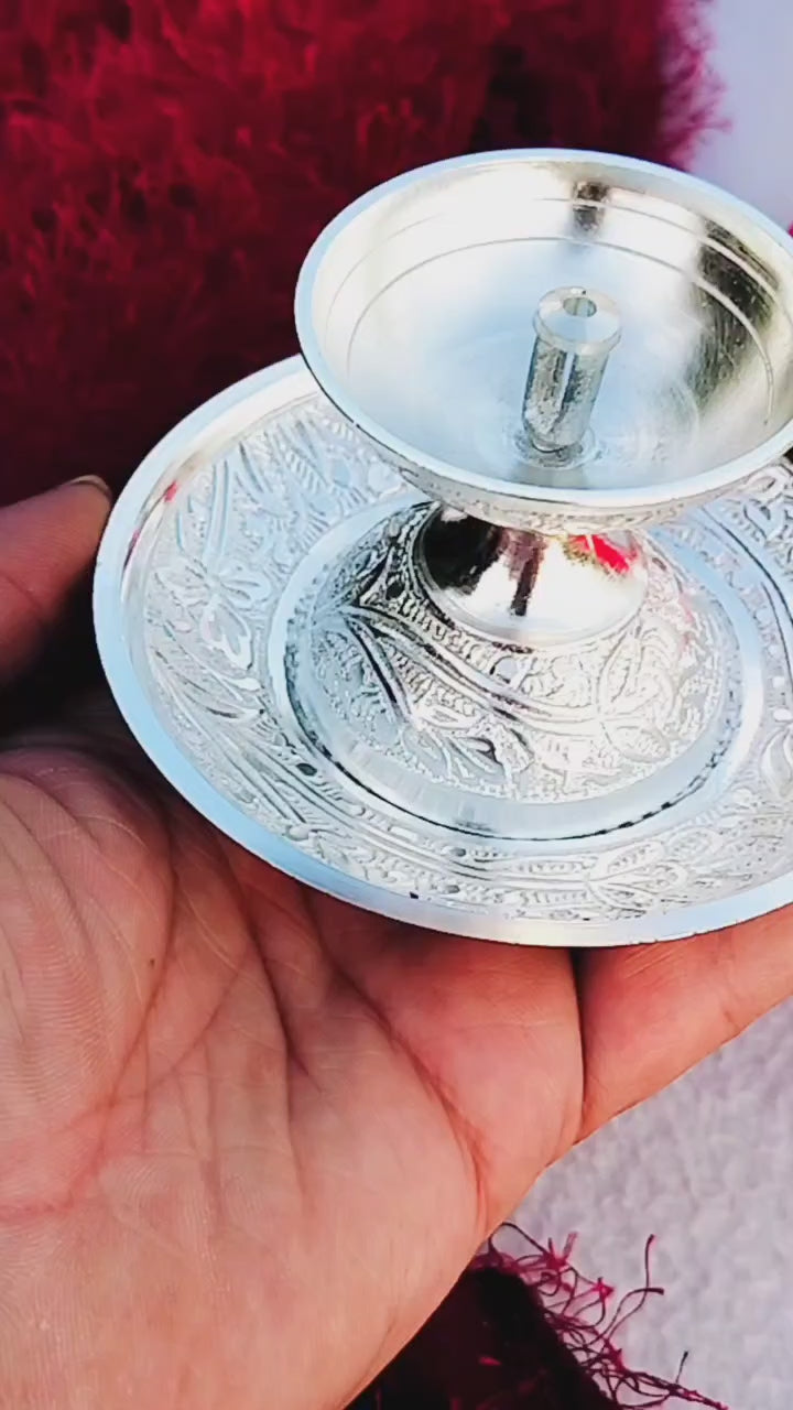 German silver daily use Akhand diya with aarti plate set , set of 2 pair( 4 pieces)