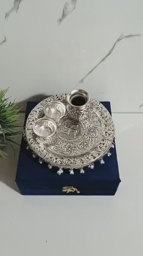 German Silver Ghungru Pooja Thali 8" – Antique Finish Set of 6 Ritual Essentials