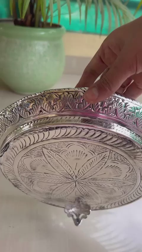 German silver Round urli with stands fully carved